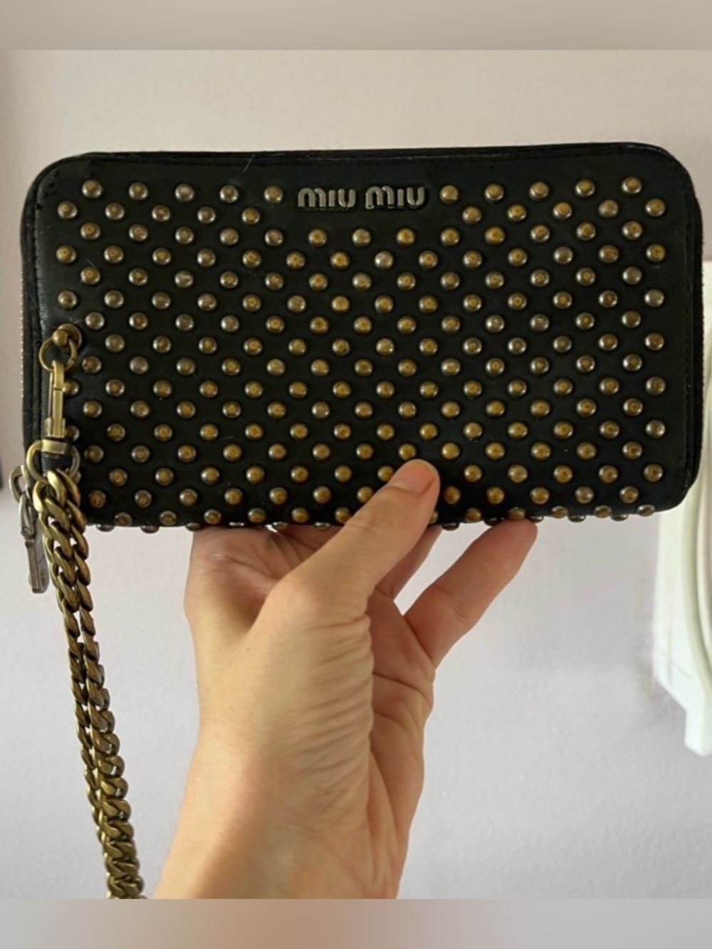 MIU MIU Studded Lambskin Leather Wristlet Wallet Black Bronze Silver